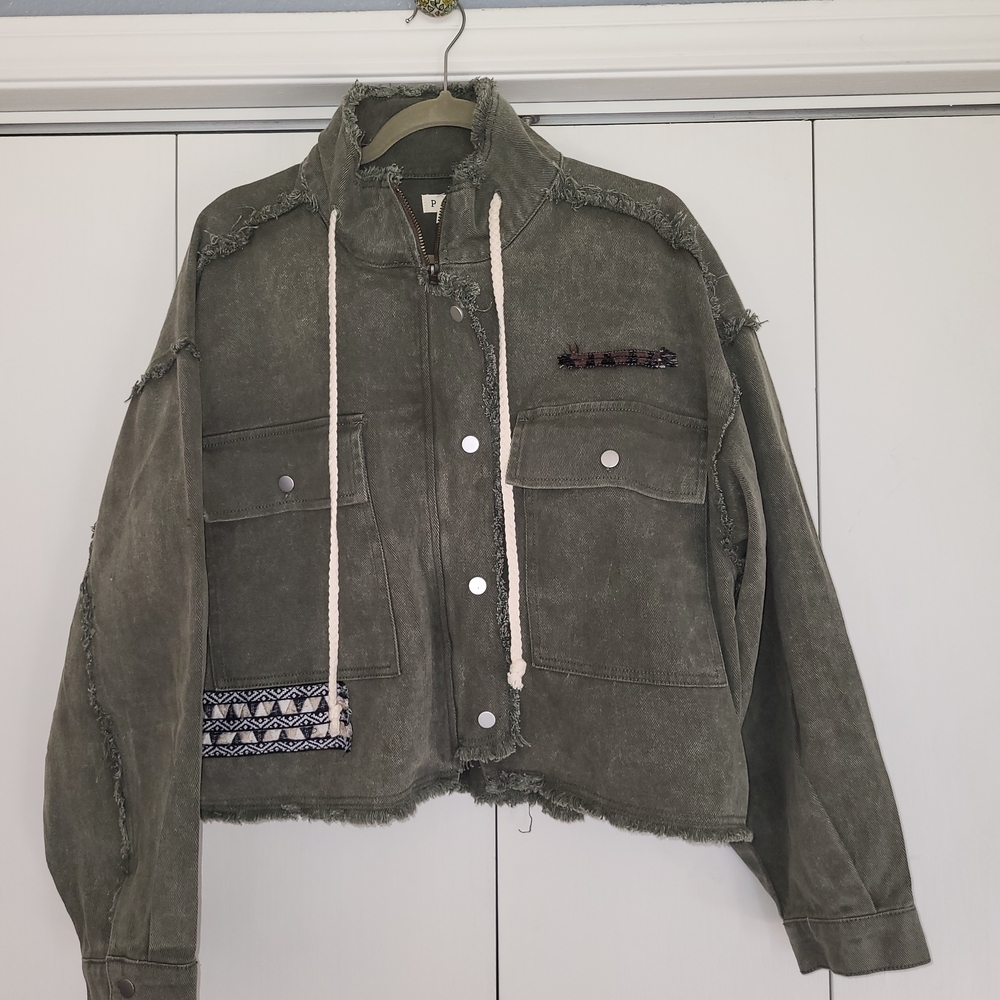 POL Olive Jean Jacket with Patterned Accents - image 1